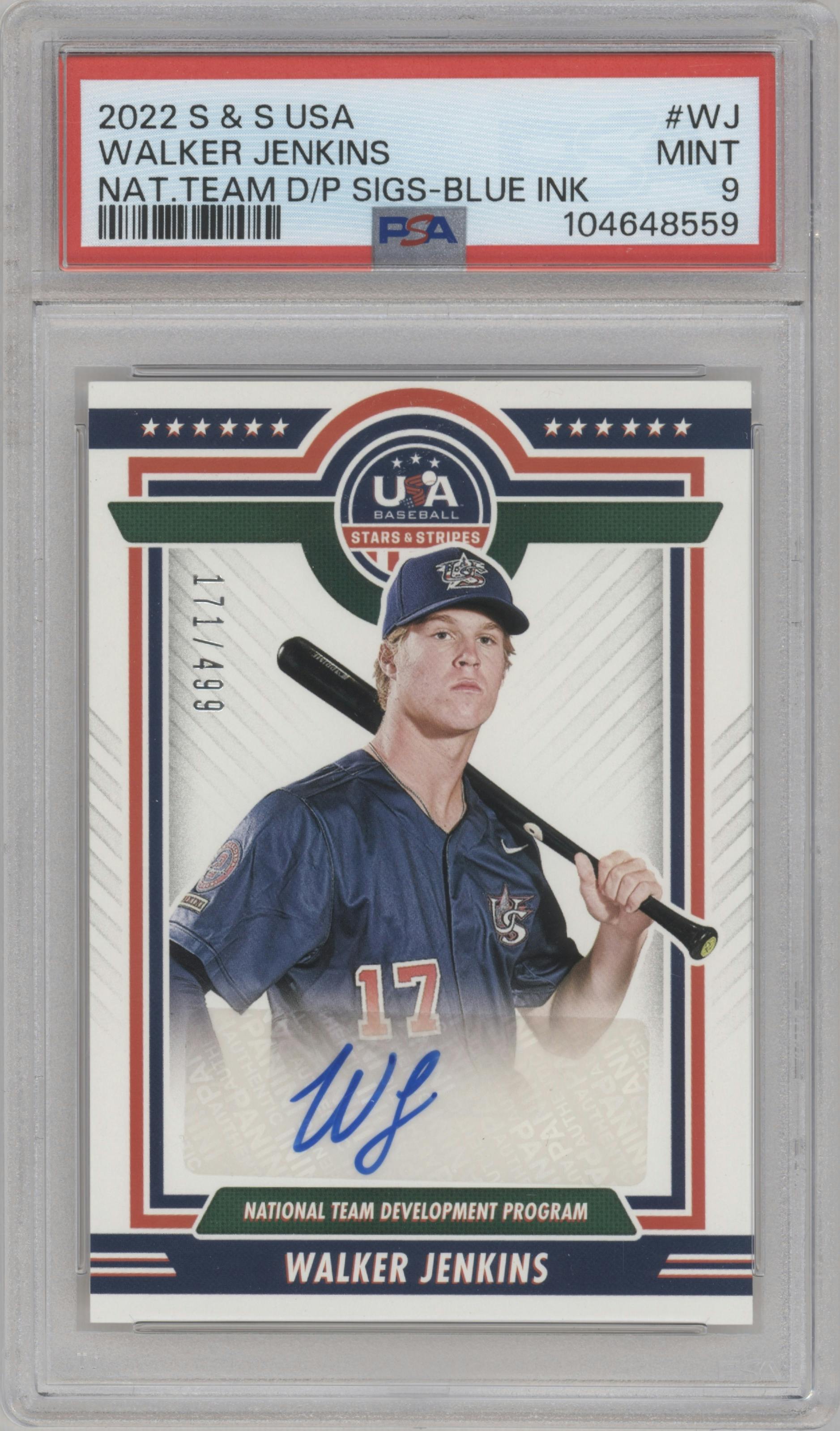 Walker Jenkins from the 2022 Panini USA Baseball Stars & Stripes set featuring a Blue Ink parallel graded by PSA and given an overall grade of 9.