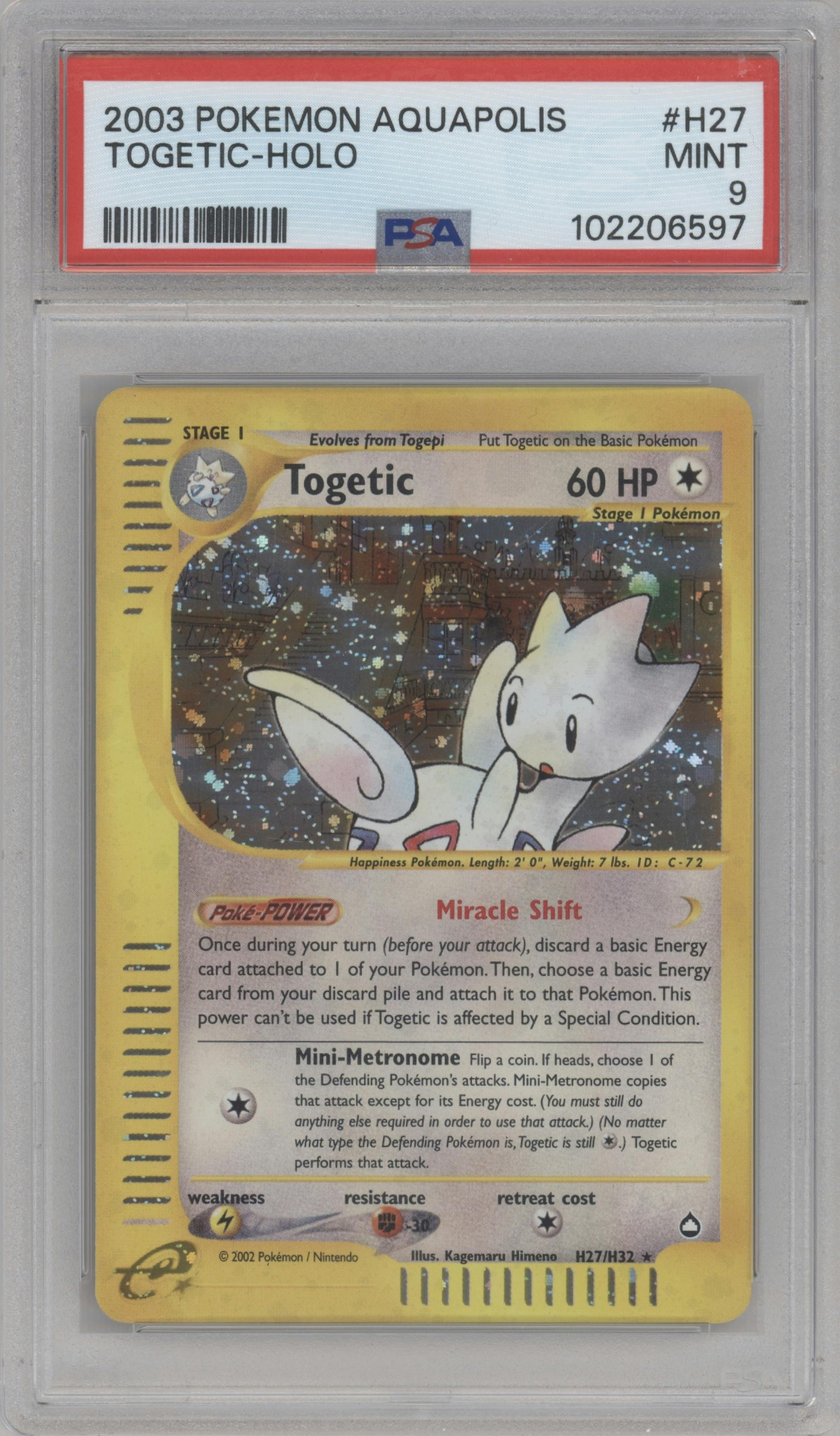 Togetic from the 2003 Pokemon E-CARD set graded by PSA and given an overall grade of 9.