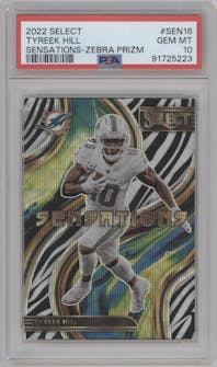 Tyreek Hill from the 2022 Panini Select set featuring a Zebra parallel graded by PSA and given an overall grade of 10.