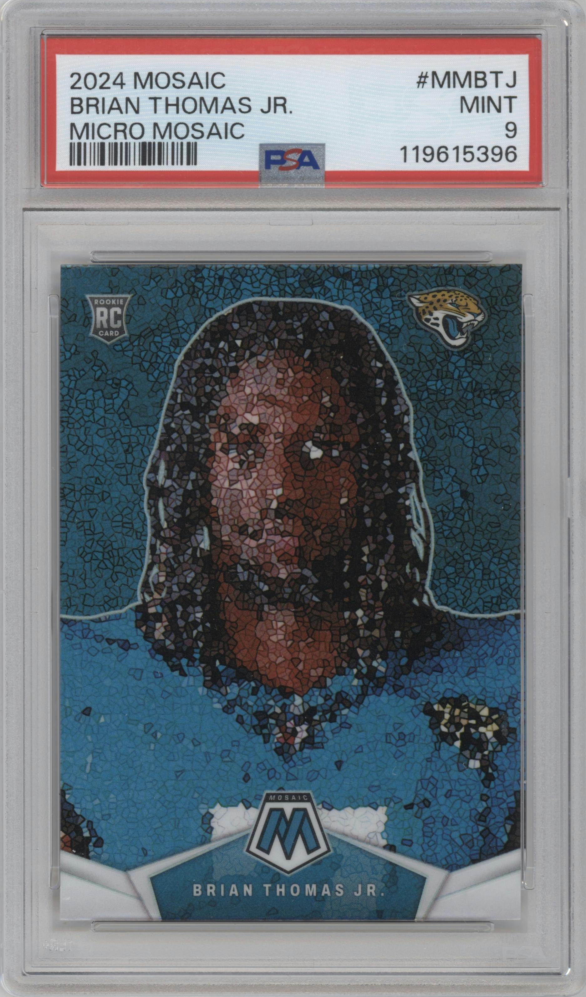 Brian Thomas Jr. from the 2024 Panini Mosaic set graded by PSA and given an overall grade of 9.