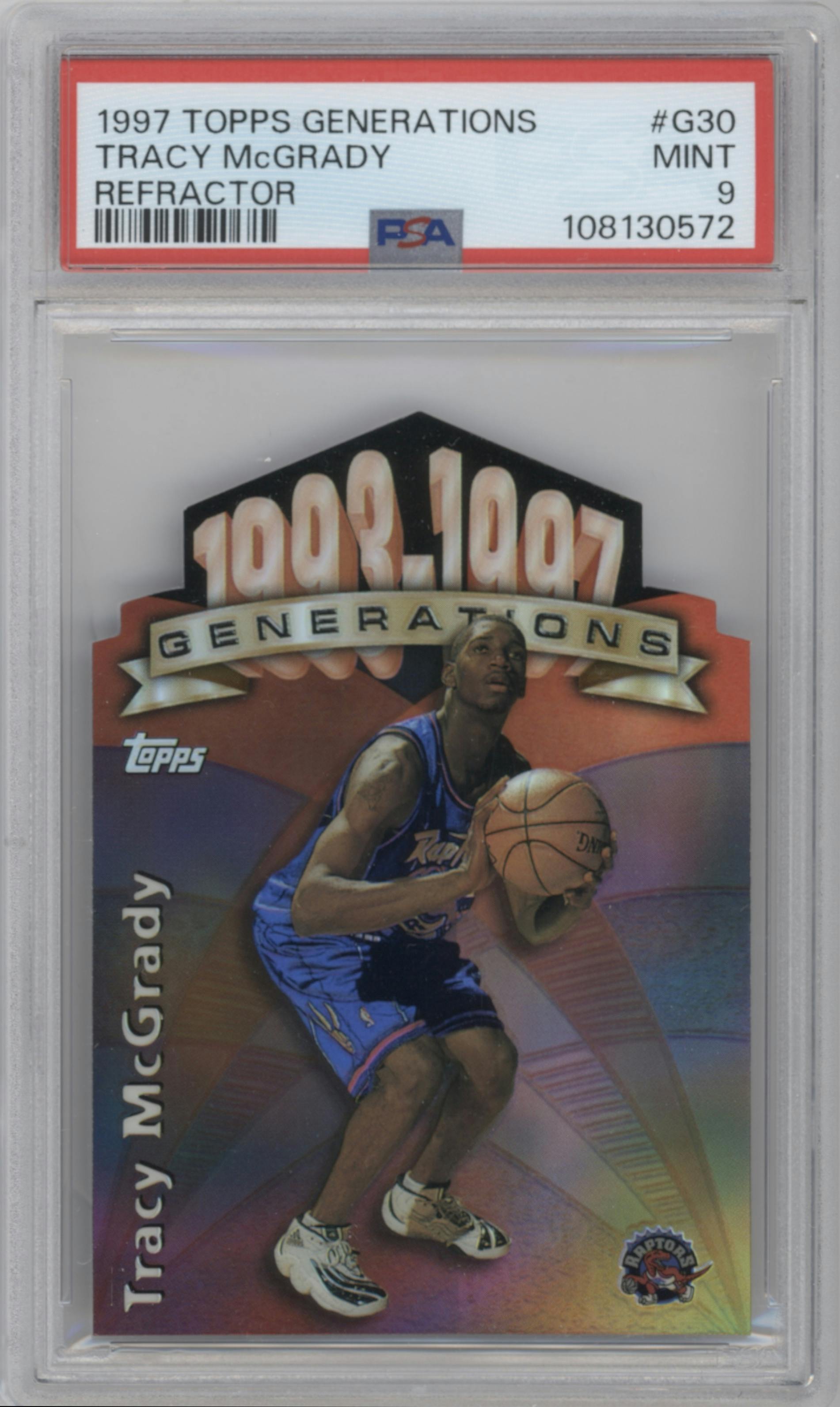 Tracy McGrady from the 1997-98 Topps  set featuring a Refractor parallel graded by PSA and given an overall grade of 9.