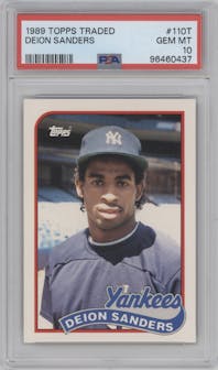 Deion Sanders from the 1989 Topps Traded set graded by PSA and given an overall grade of 10.