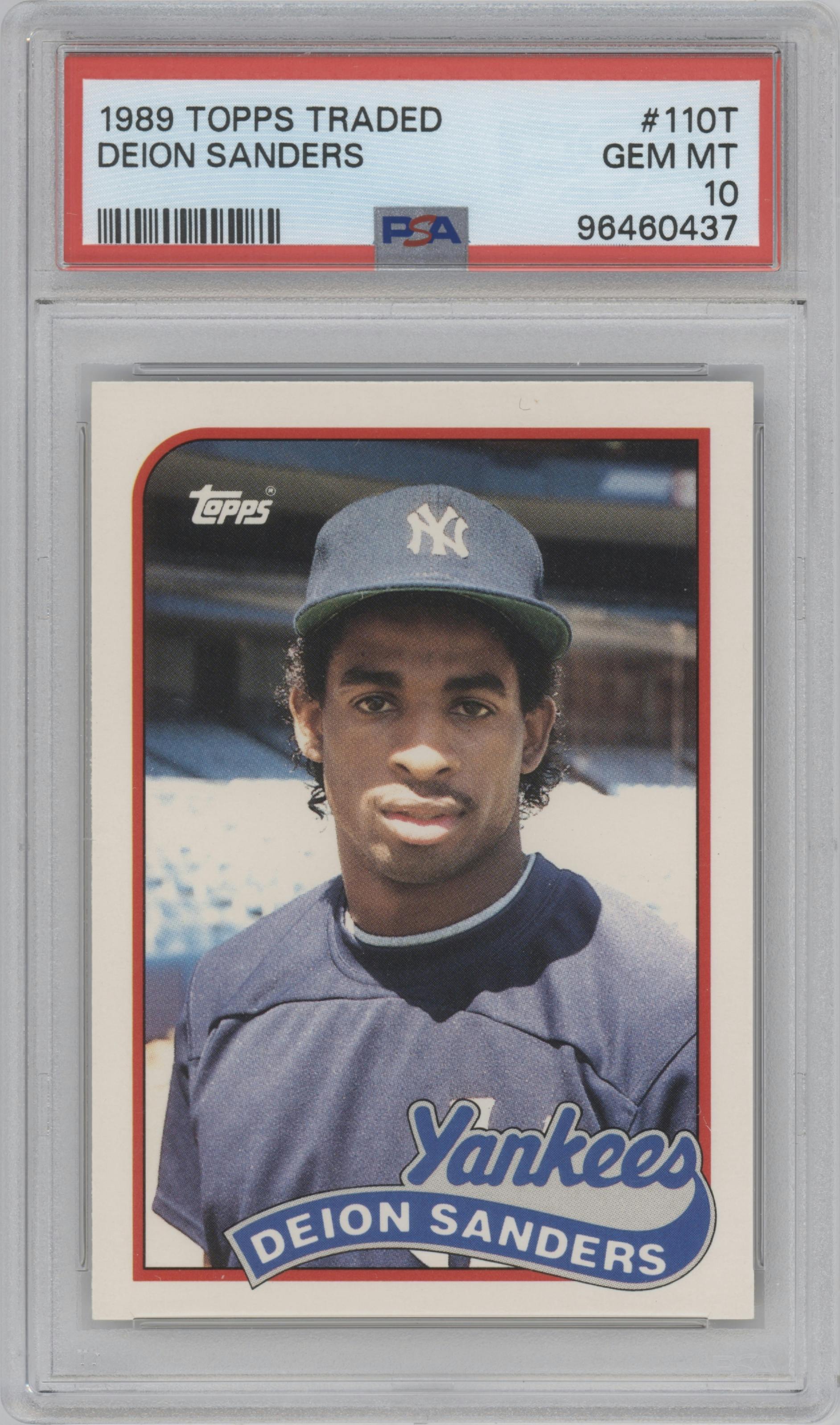 Deion Sanders from the 1989 Topps Traded set graded by PSA and given an overall grade of 10.