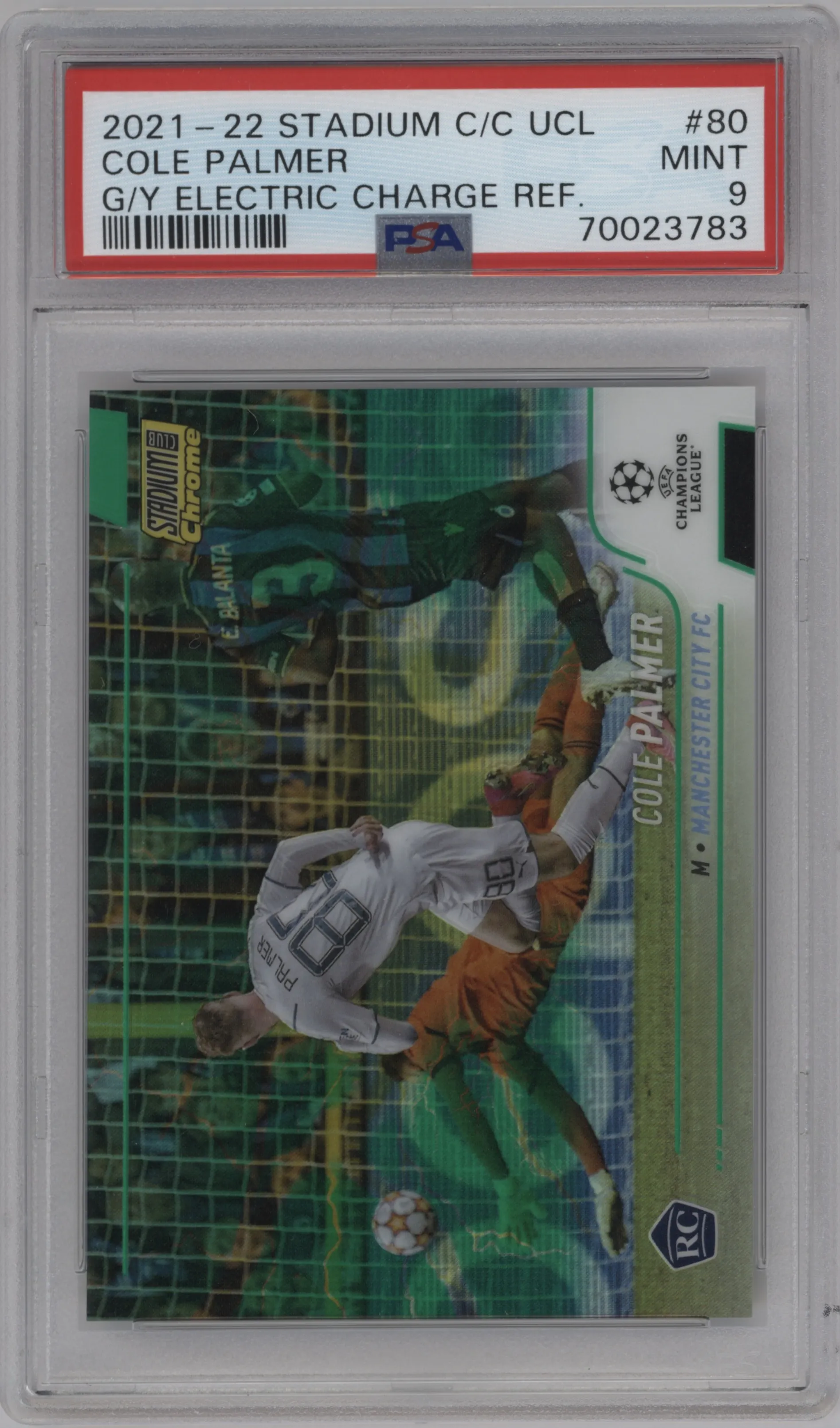 2021 Topps Stadium Club Chrome UEFA Champions League Cole Palmer Green/Yellow Electric Charge Refractor PSA 9