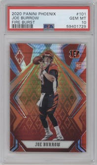 Joe Burrow from the 2020 Panini Phoenix set featuring a Fire Burst parallel graded by PSA and given an overall grade of 10.