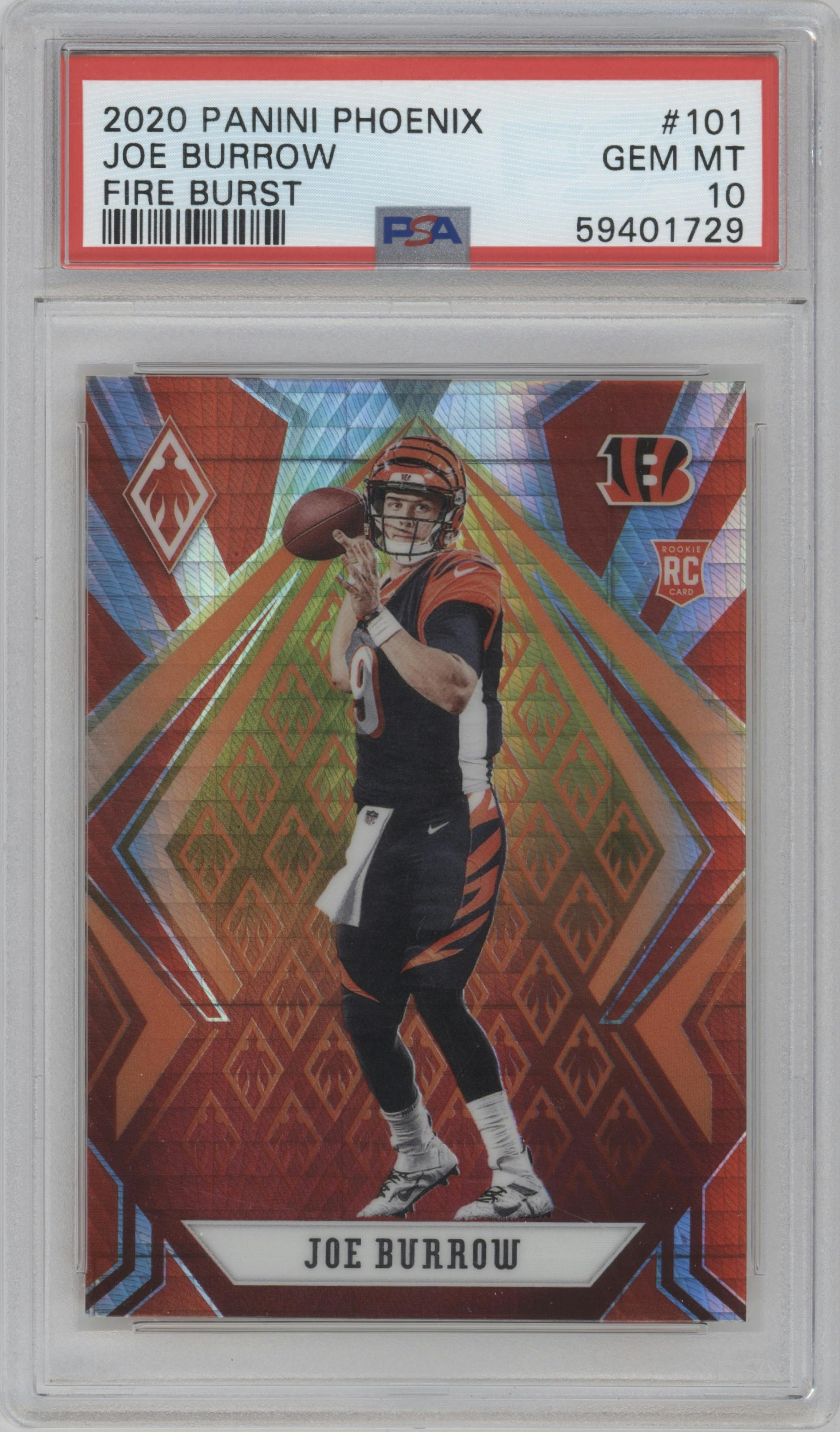 Joe Burrow from the 2020 Panini Phoenix set featuring a Fire Burst parallel graded by PSA and given an overall grade of 10.