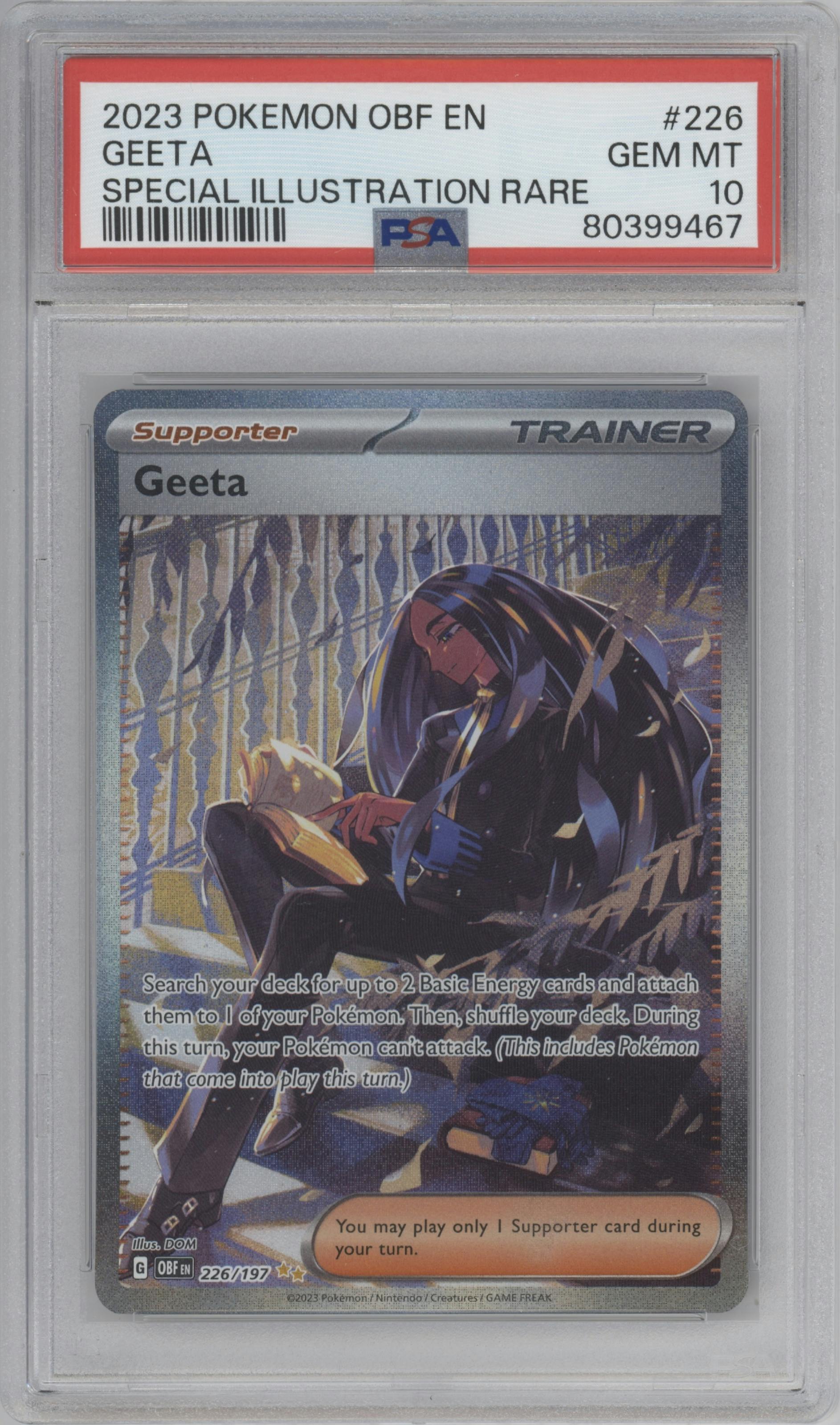 Geeta from the 2023 Pokemon SV set graded by PSA and given an overall grade of 10.