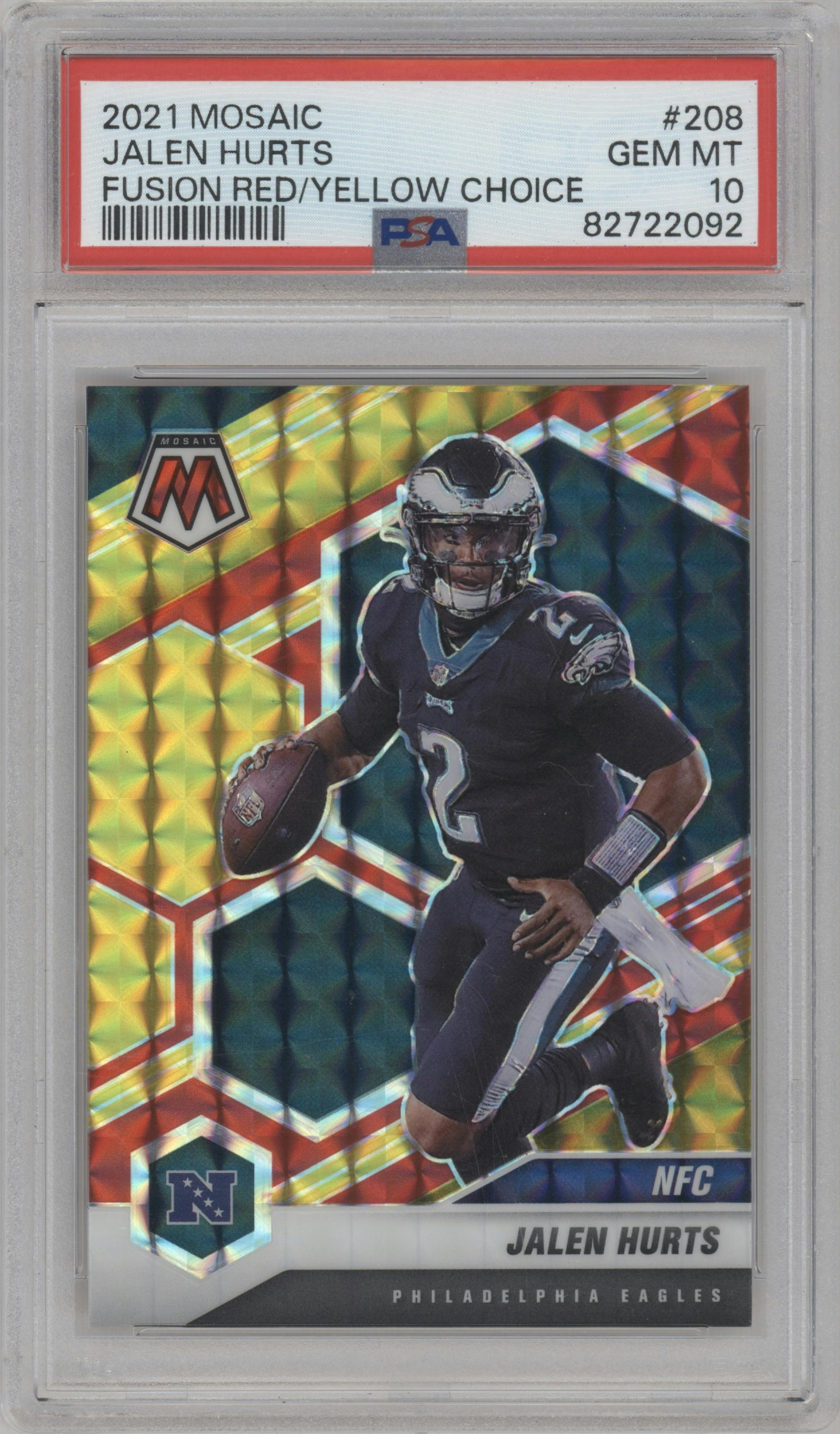 Jalen Hurts from the 2021 Panini Mosaic set featuring a Choice Fusion Red & Yellow parallel graded by PSA and given an overall grade of 10.