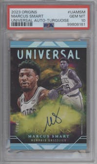 Marcus Smart from the 2023-24 Panini Origins set featuring a Turquoise parallel graded by PSA and given an overall grade of 10.