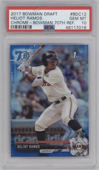 Heliot Ramos from the 2017 Bowman Draft set featuring a Bowman 70th Logo Refractor parallel graded by PSA and given an overall grade of 10.