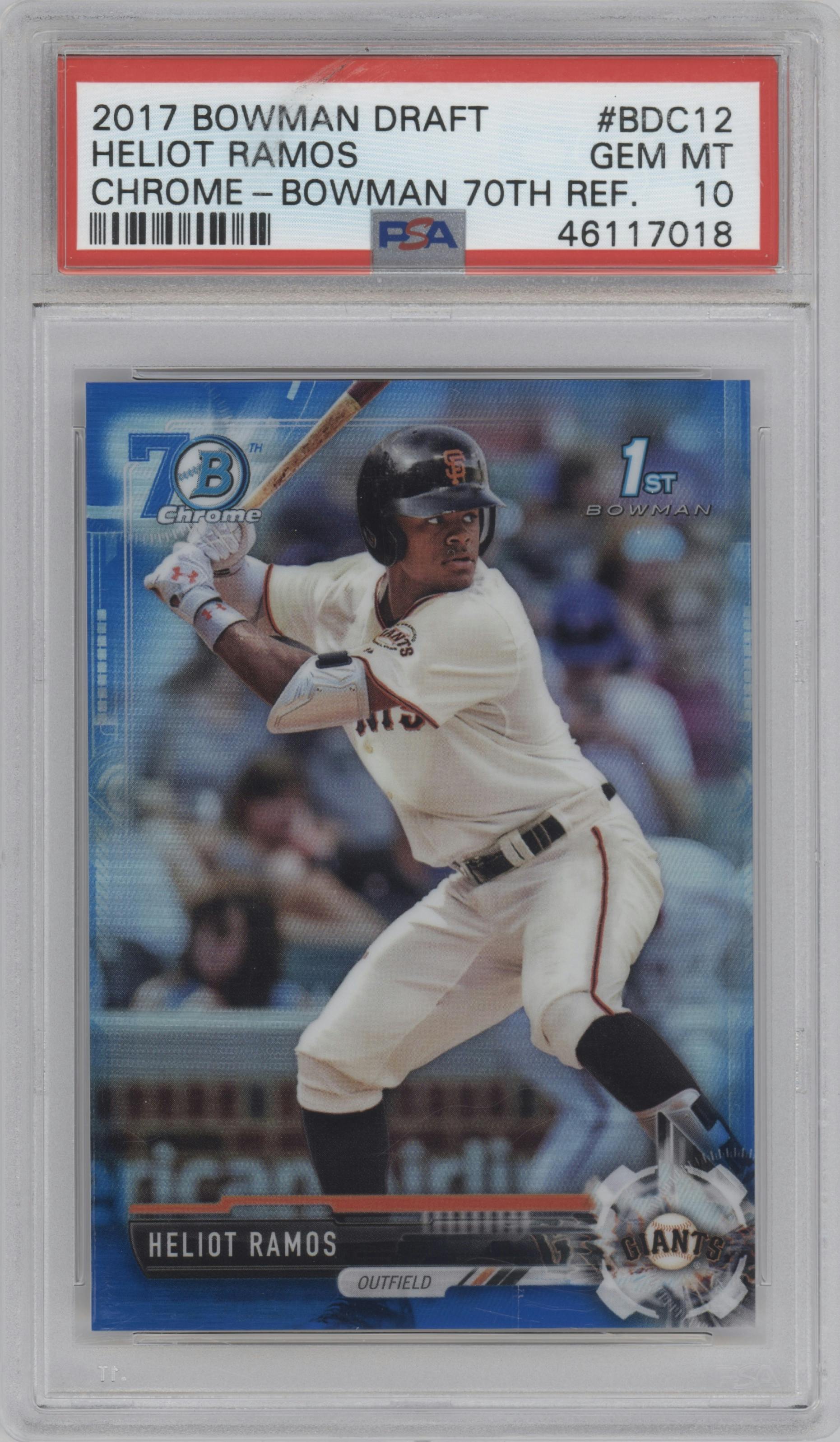 Heliot Ramos from the 2017 Bowman Draft set featuring a Bowman 70th Logo Refractor parallel graded by PSA and given an overall grade of 10.