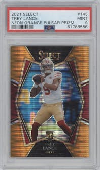 Trey Lance from the 2021 Panini Select set featuring a Neon Orange Pulsar parallel graded by PSA and given an overall grade of 9.