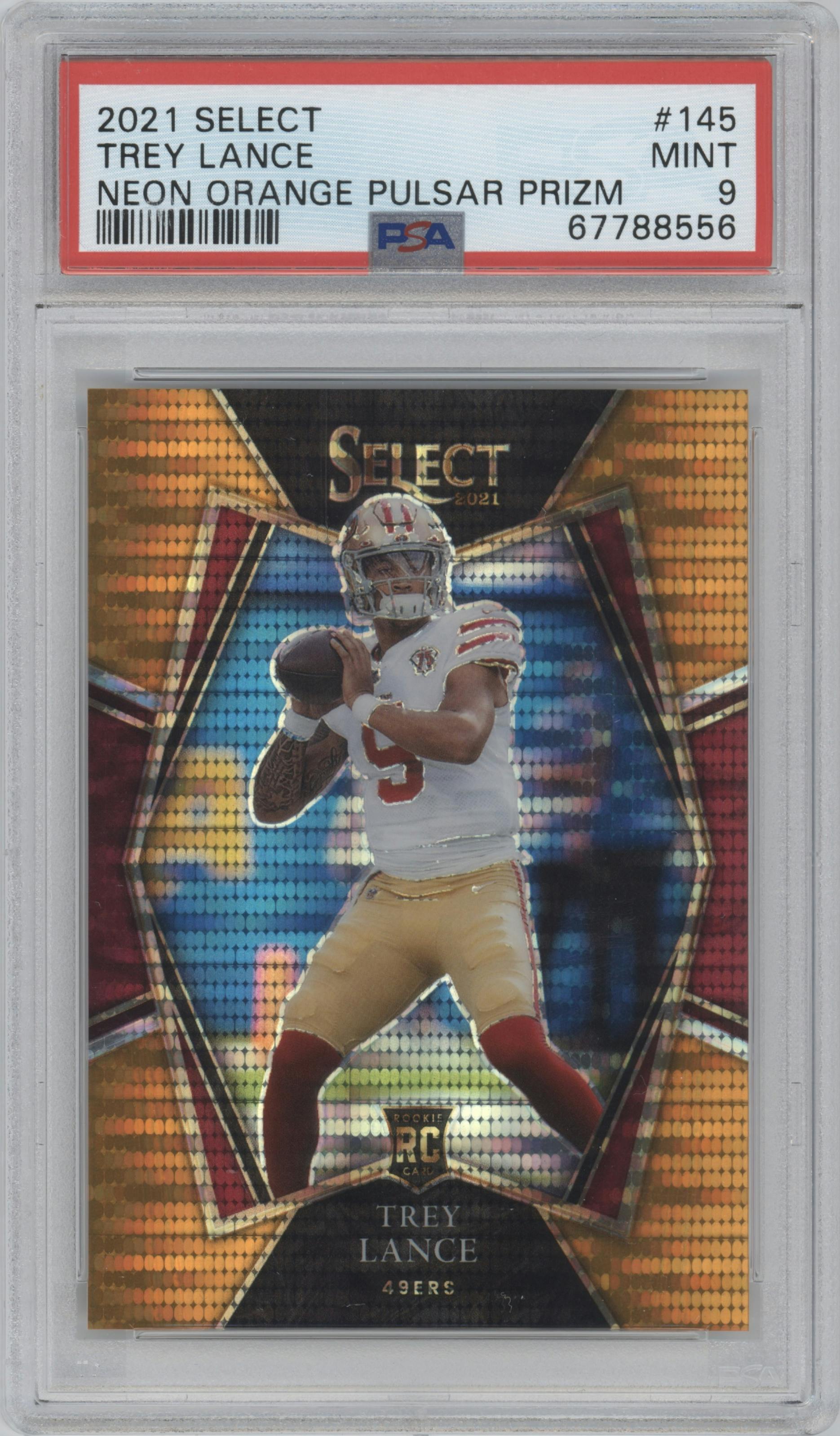Trey Lance from the 2021 Panini Select set featuring a Neon Orange Pulsar parallel graded by PSA and given an overall grade of 9.