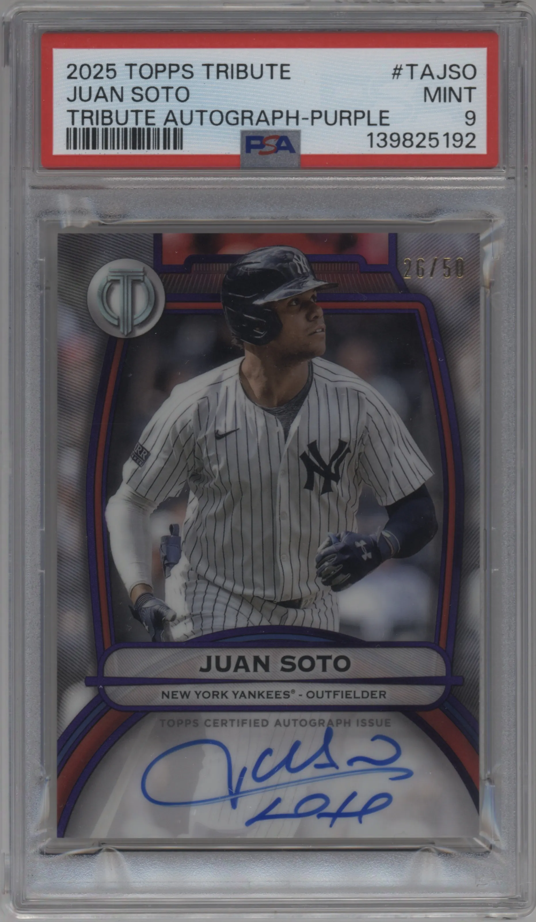 2025 Topps Tribute Auto Juan Soto Purple #TA-JSO PSA 9