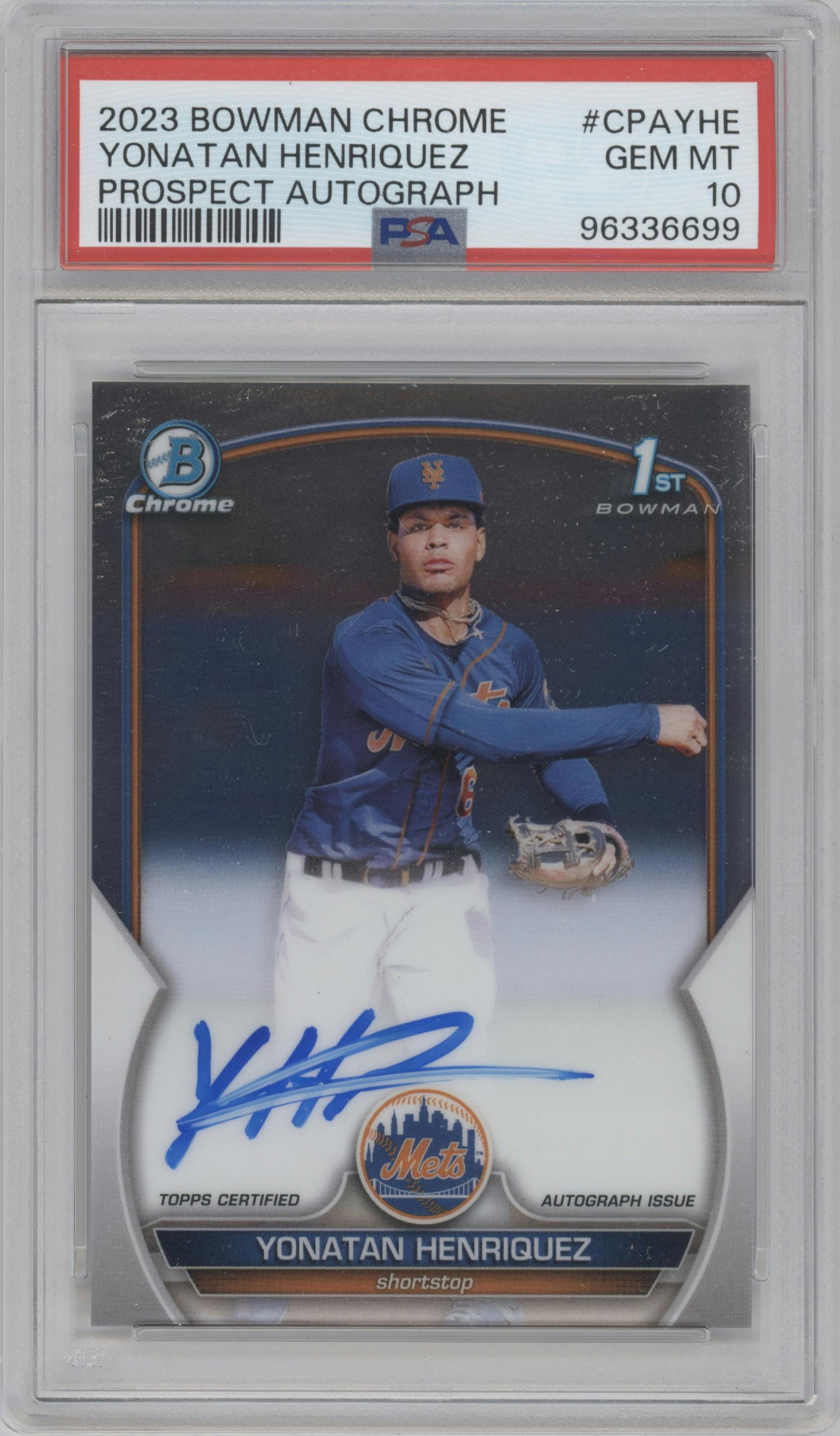Yonatan Henriquez from the 2023 Bowman Chrome set graded by PSA and given an overall grade of 10.