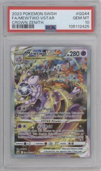 Mewtwo VSTAR from the 2023 Pokemon SWSH set graded by PSA and given an overall grade of 10.