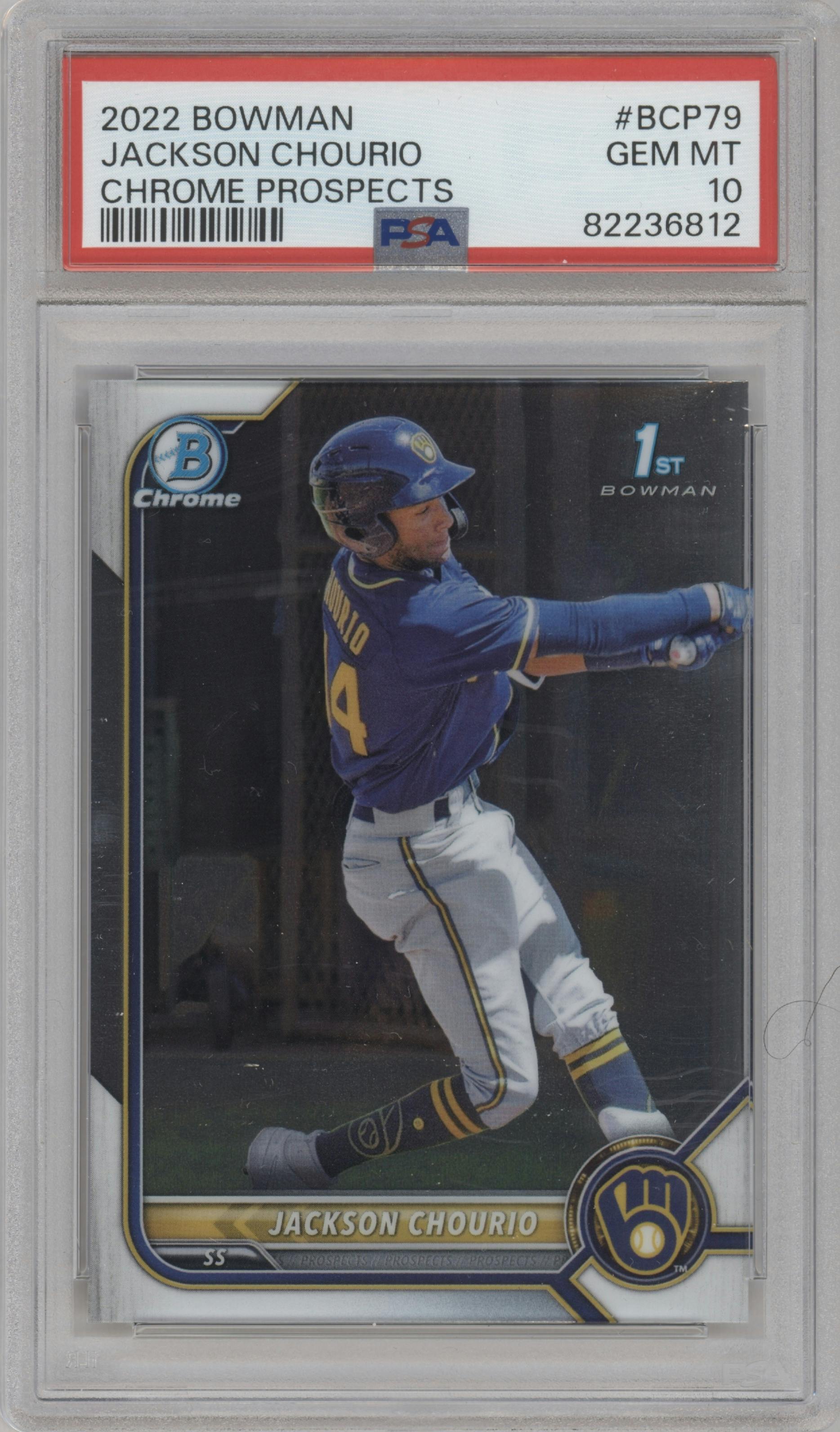 Jackson Chourio from the 2022 Bowman set graded by PSA and given an overall grade of 10.