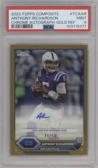 Anthony Richardson from the 2023 Topps Composite set featuring a Gold Refractor parallel graded by PSA and given an overall grade of 9.