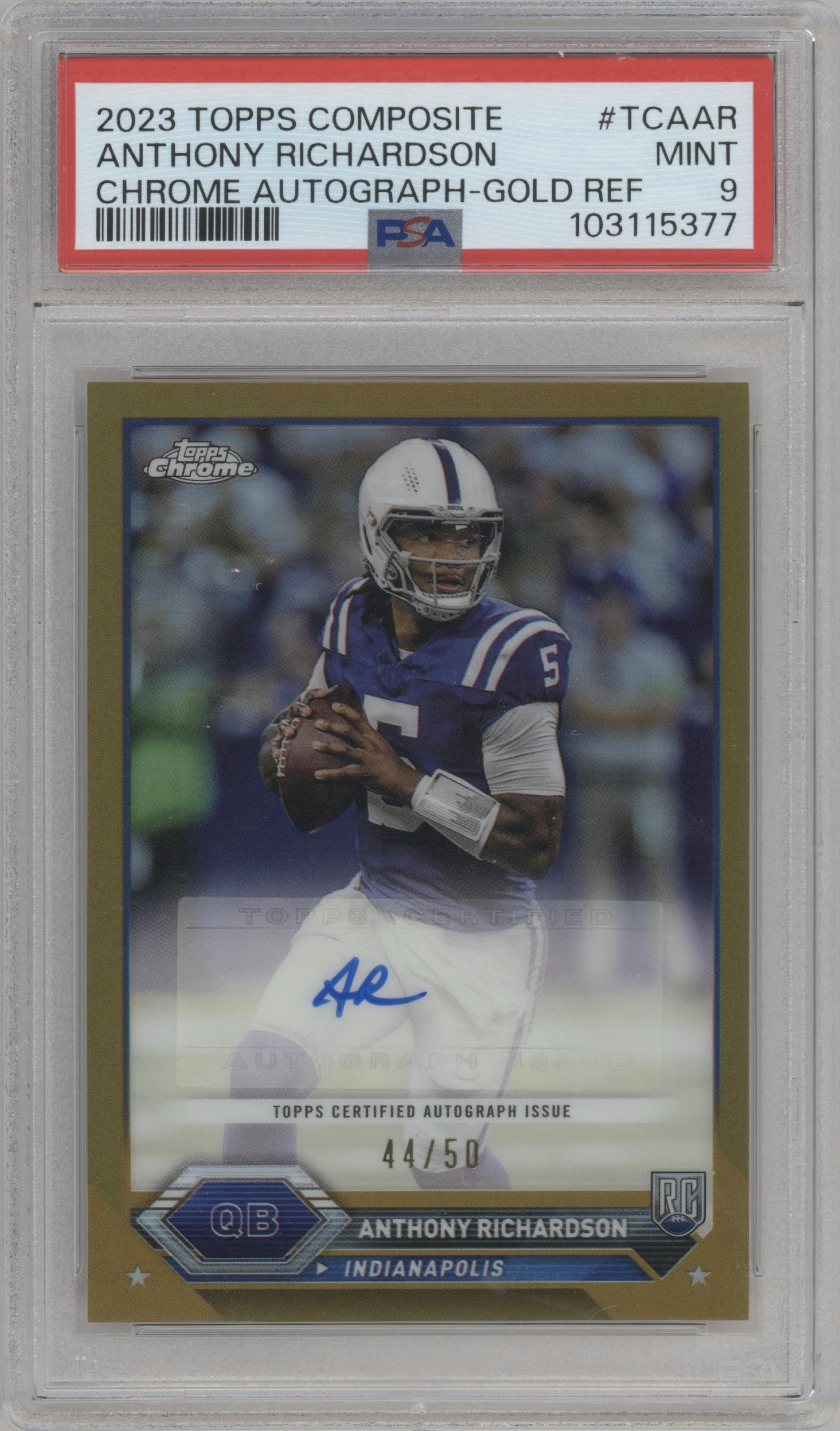 Anthony Richardson from the 2023 Topps Composite set featuring a Gold Refractor parallel graded by PSA and given an overall grade of 9.