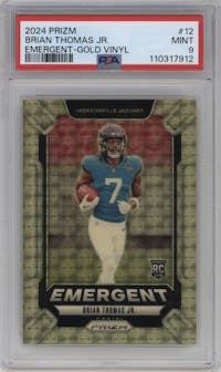 Brian Thomas Jr. from the 2024 Panini Prizm set featuring a Gold Vinyl parallel graded by PSA and given an overall grade of 9.