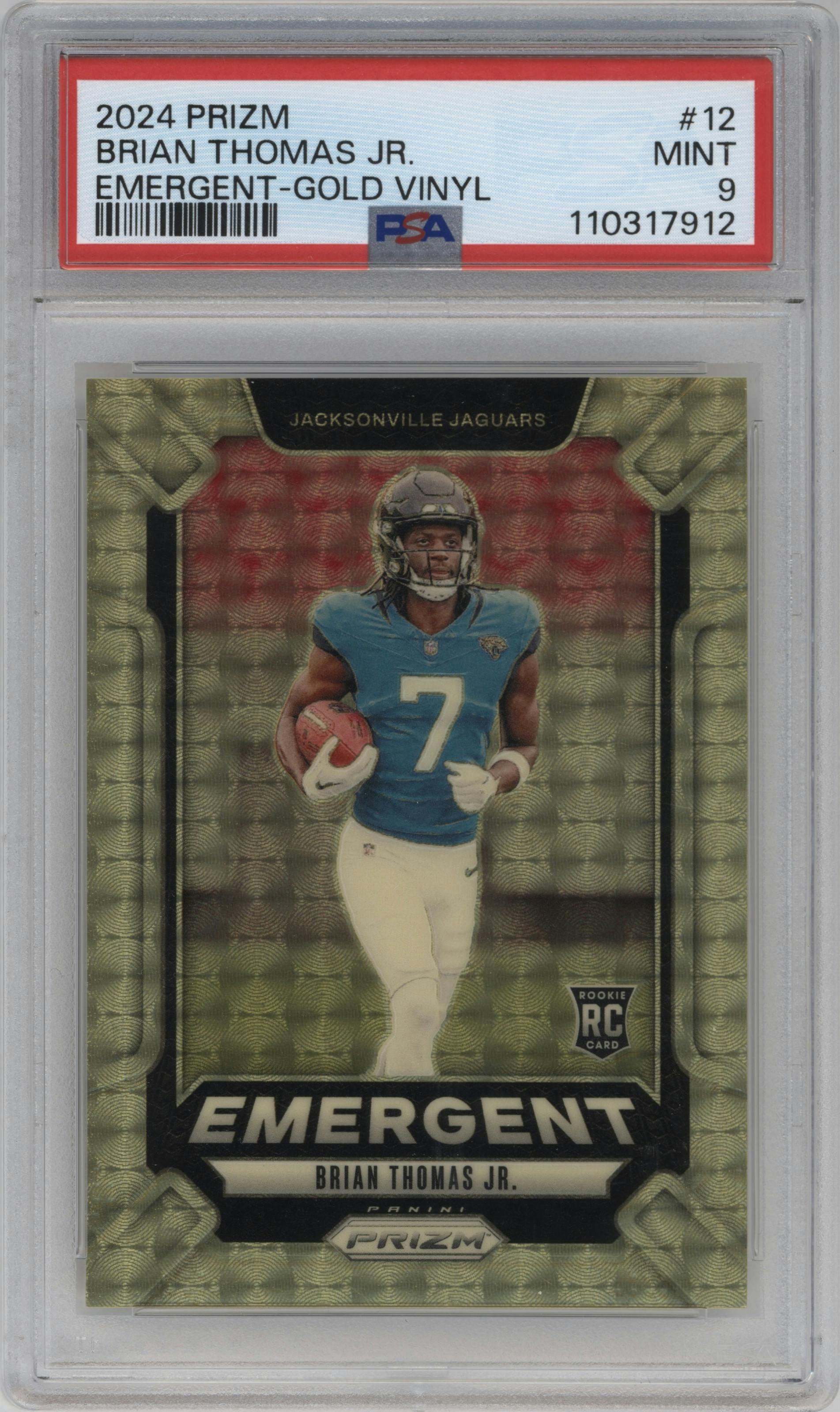 Brian Thomas Jr. from the 2024 Panini Prizm set featuring a Gold Vinyl parallel graded by PSA and given an overall grade of 9.