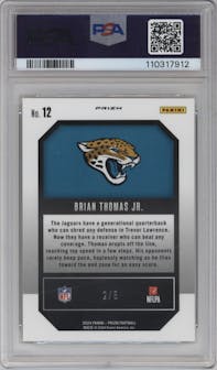 Brian Thomas Jr. from the 2024 Panini Prizm set featuring a Gold Vinyl parallel graded by PSA and given an overall grade of 9.