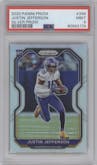 Justin Jefferson from the 2020 Panini Prizm set featuring a Silver Prizm parallel graded by PSA and given an overall grade of 9.