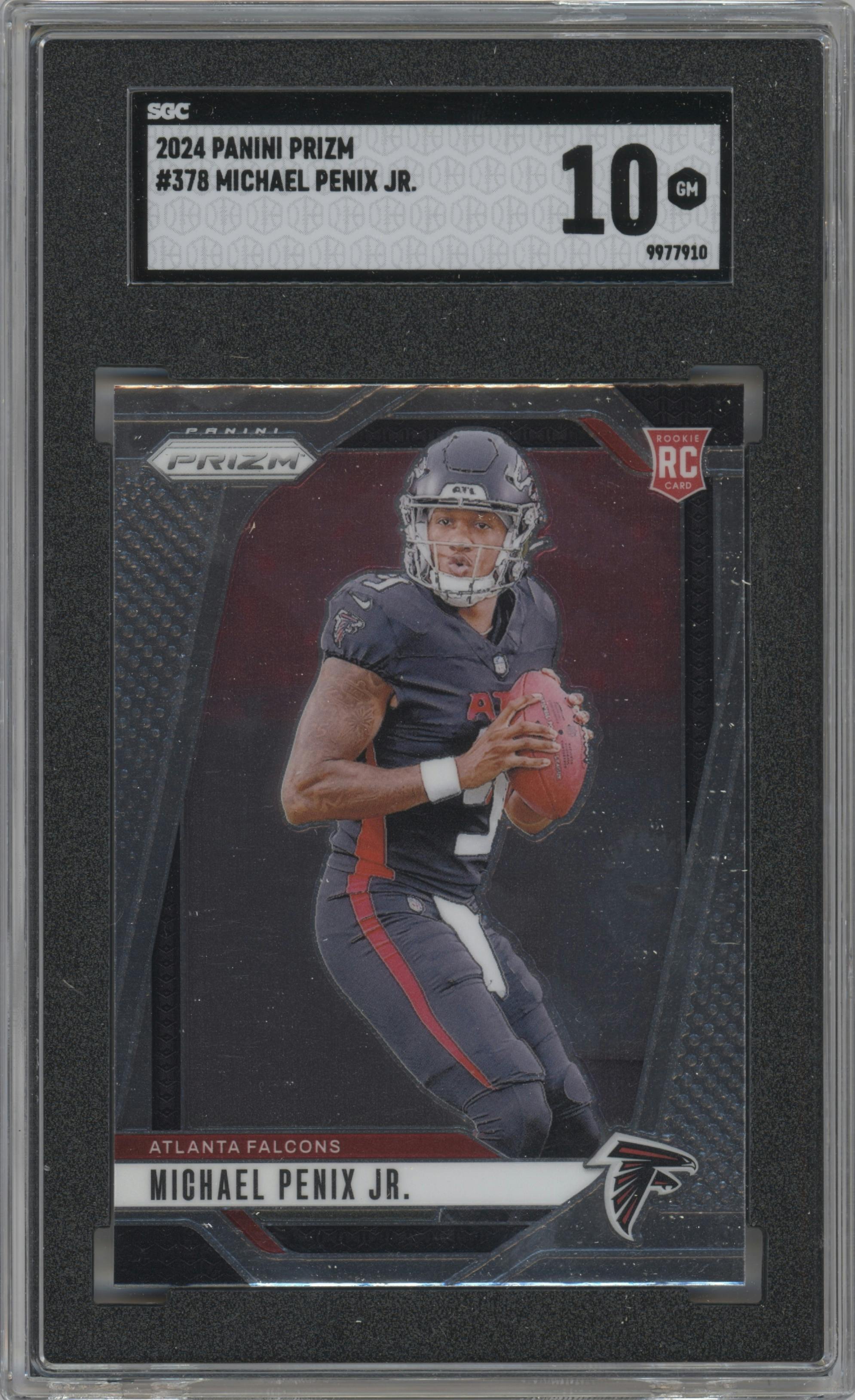 Michael Penix Jr. from the 2024 Panini Prizm set graded by SGC and given an overall grade of 10.