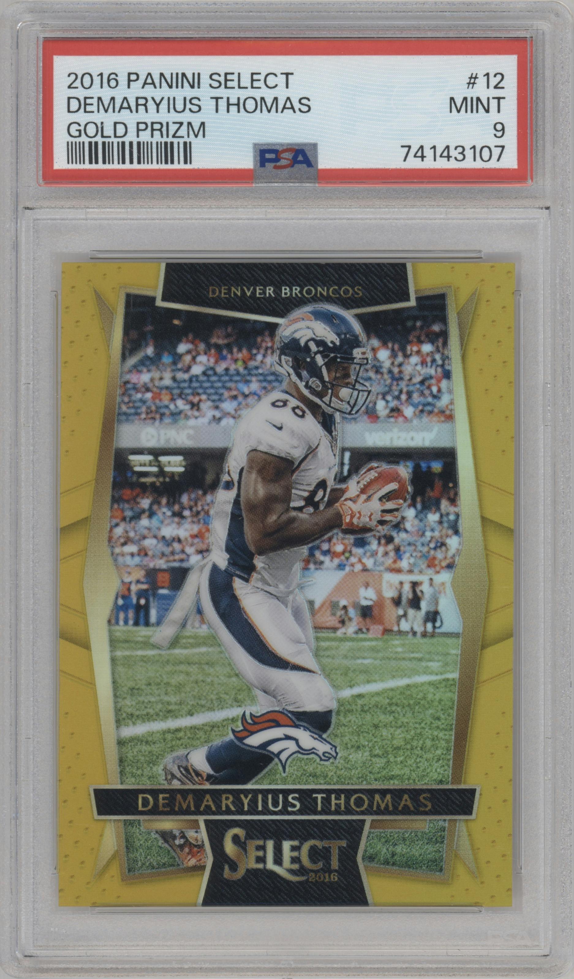 Demaryius Thomas from the 2016 Panini Select set featuring a Gold Prizm parallel graded by PSA and given an overall grade of 9.
