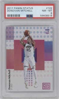 Donovan Mitchell from the 2017-18 Panini Status set graded by PSA and given an overall grade of 8.