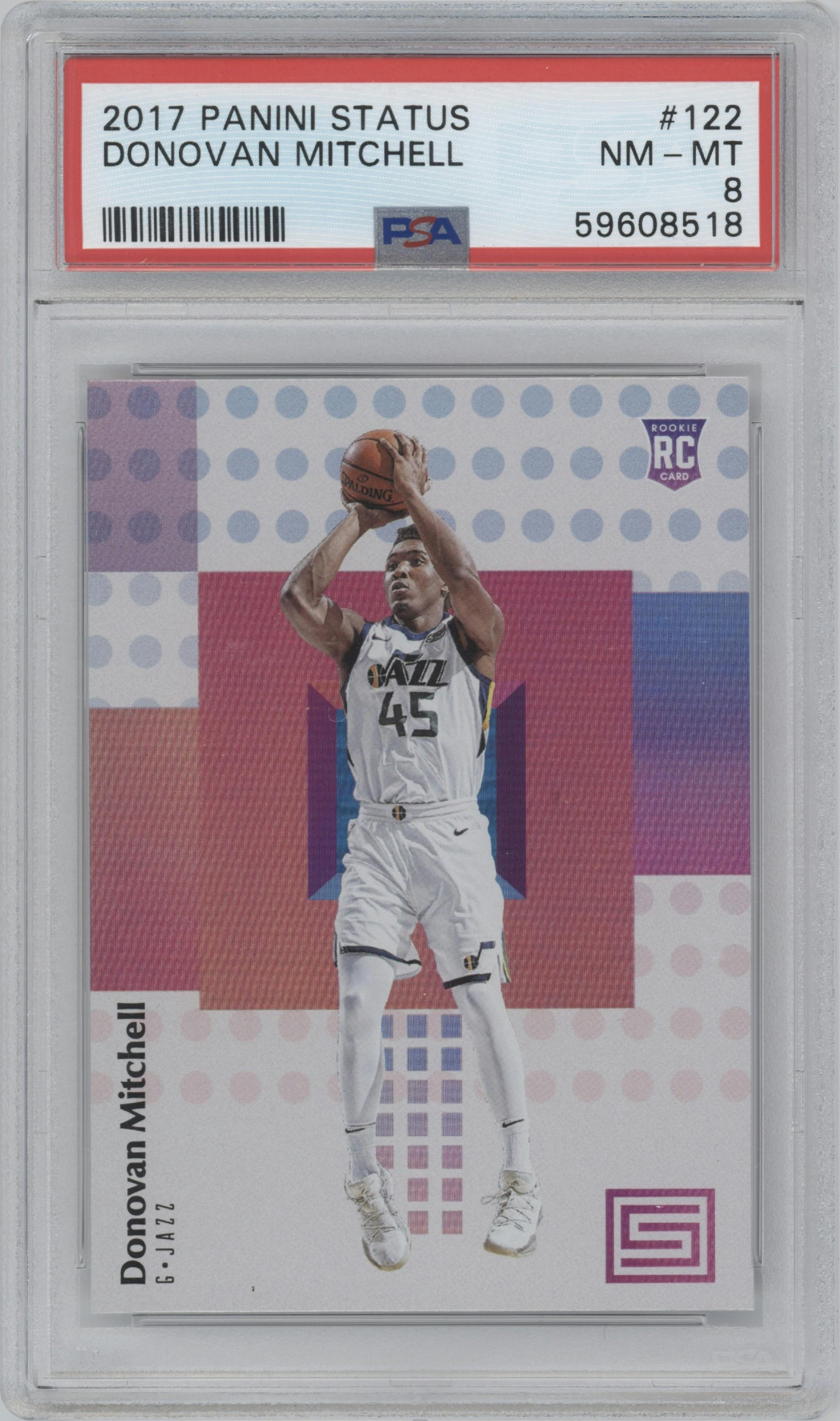 Donovan Mitchell from the 2017-18 Panini Status set graded by PSA and given an overall grade of 8.
