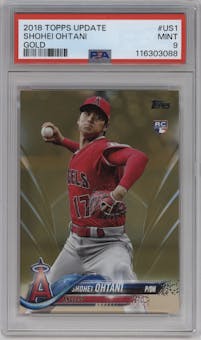 Shohei Ohtani from the 2018 Topps Update set featuring a Gold parallel graded by PSA and given an overall grade of 9.