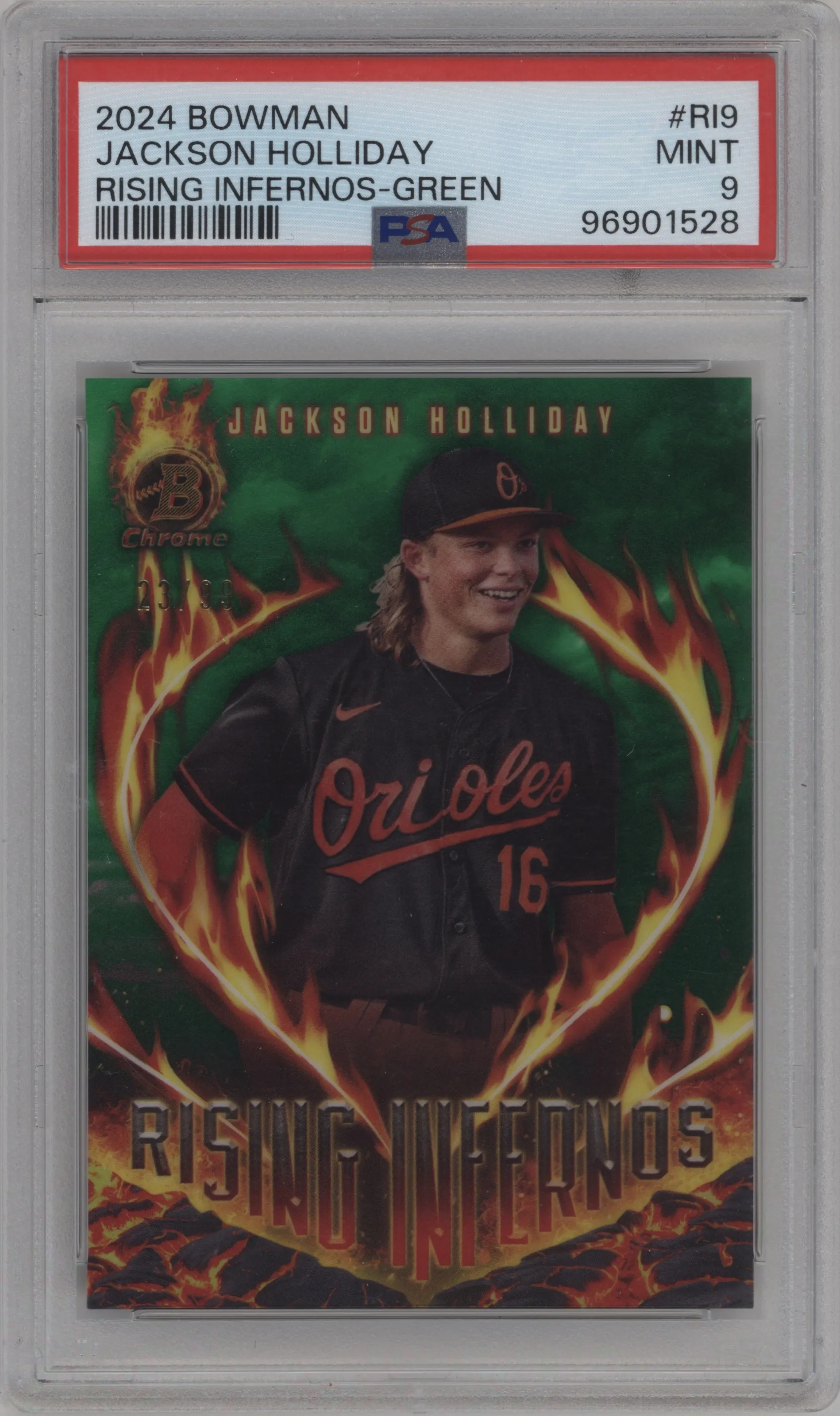 2024 Bowman Rising Infernos Jackson Holliday Green Refractor PSA 9