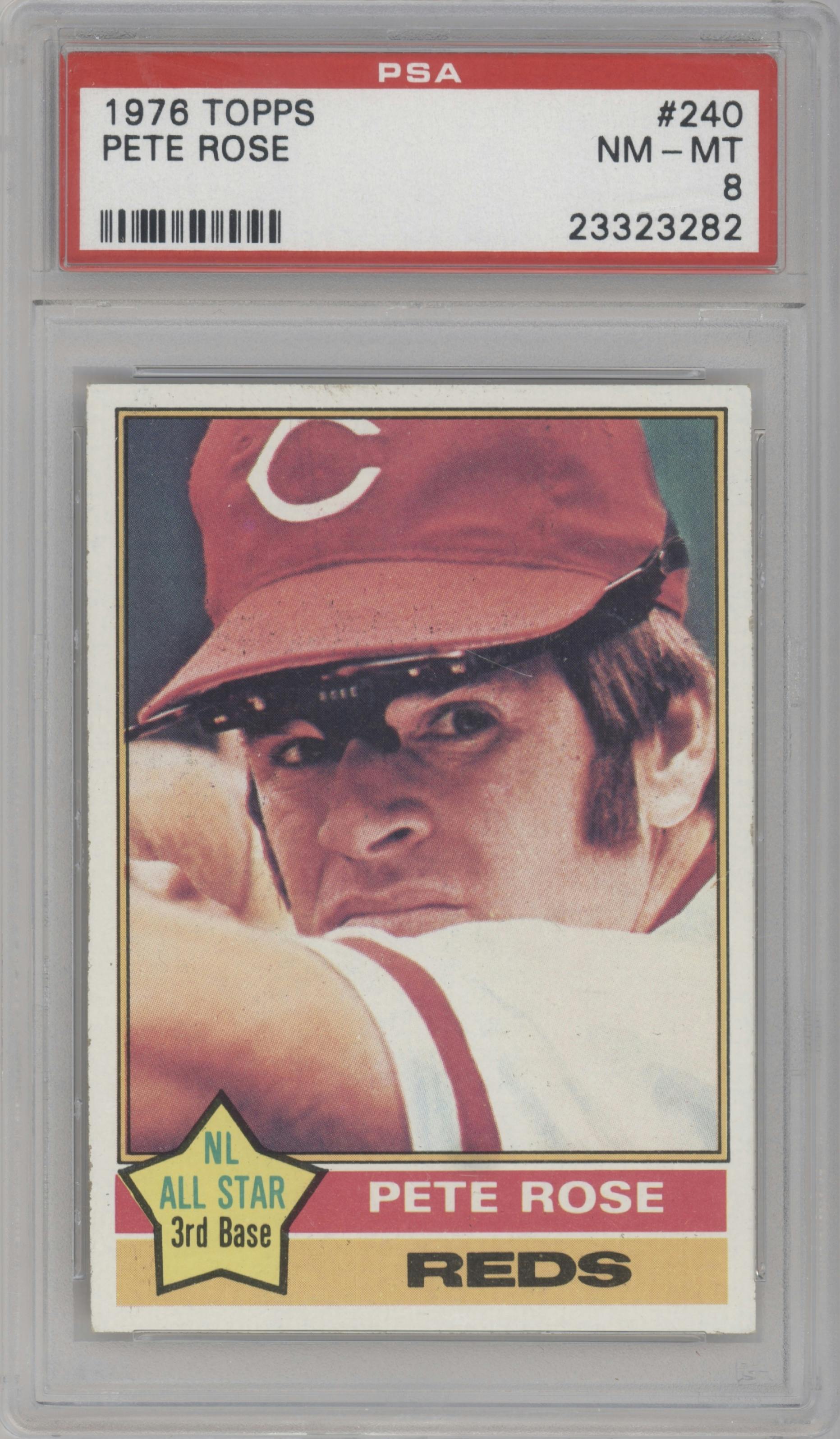 Pete Rose from the 1976 Topps set graded by PSA and given an overall grade of 8.