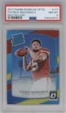 Patrick Mahomes II from the 2017 Panini Donruss Optic set featuring a Red/Yellow parallel graded by PSA and given an overall grade of 8.