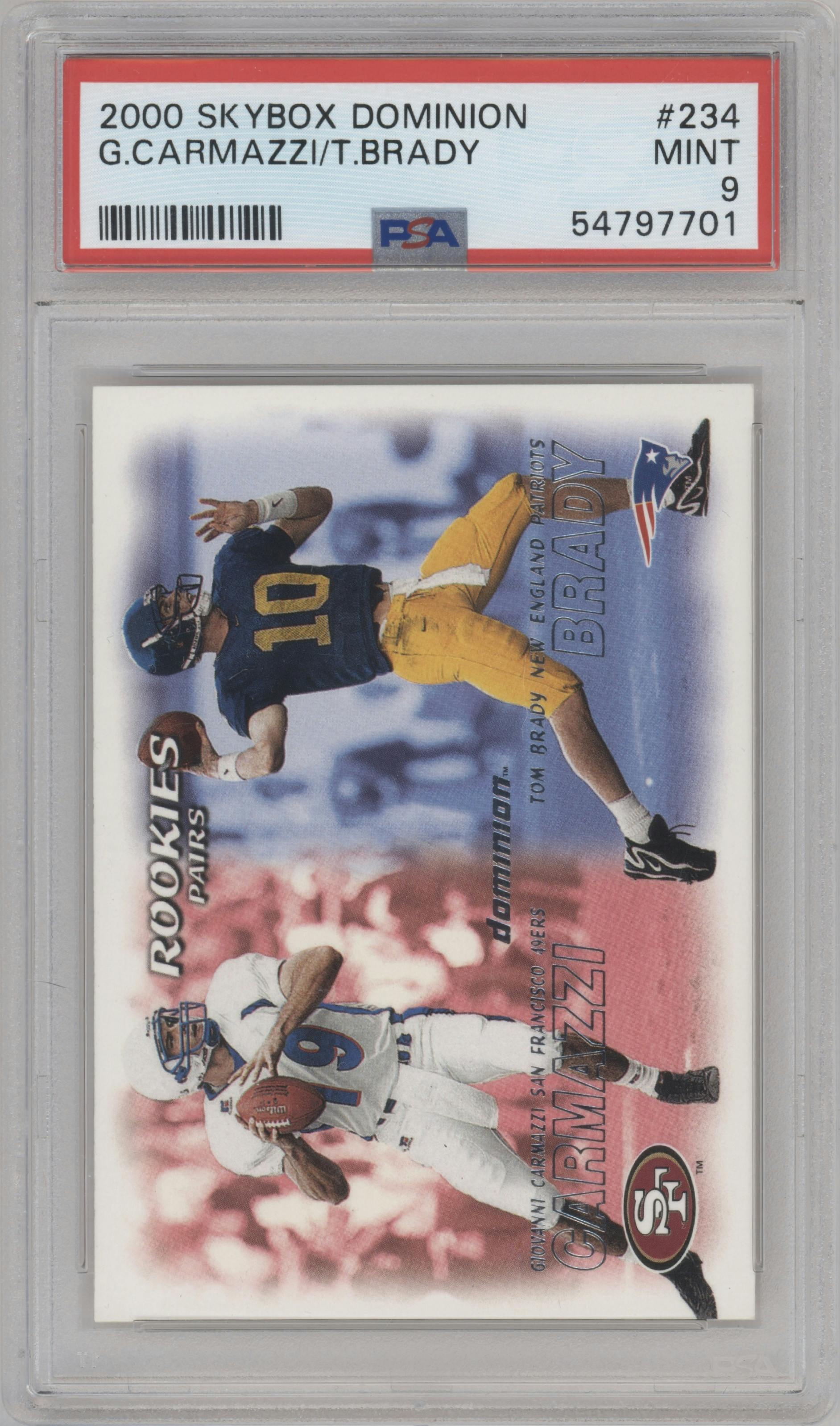 Giovanni Carmazzi/Tom Brady from the 2000 Skybox Dominion set graded by PSA and given an overall grade of 9.