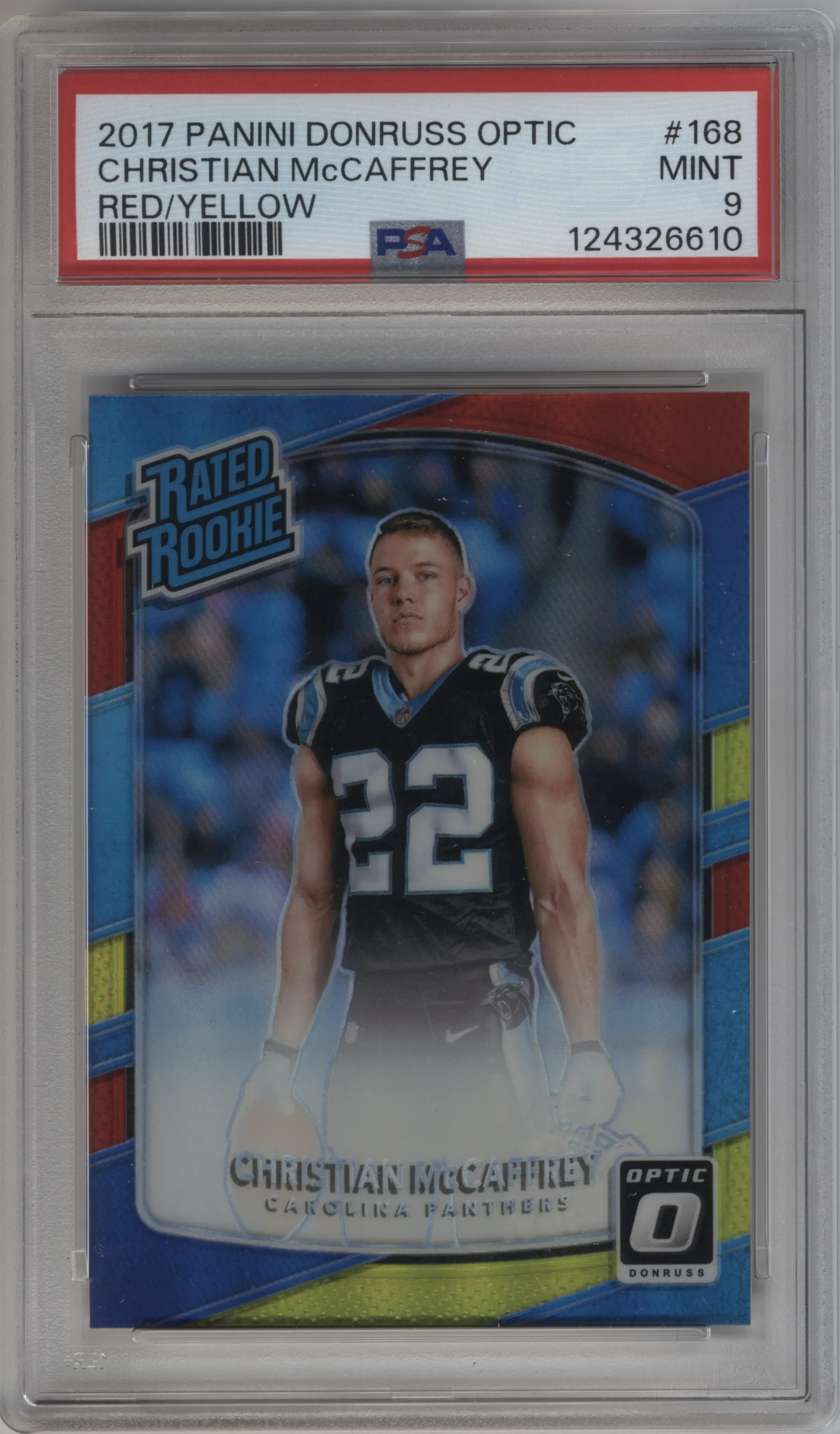2017 Panini Donruss Optic Rated Rookie Christian McCaffrey Red/Yellow #168 PSA 9