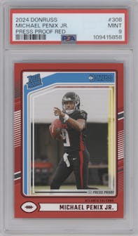 Michael Penix Jr. from the 2024 Donruss set featuring a Press Proof Red parallel graded by PSA and given an overall grade of 9.