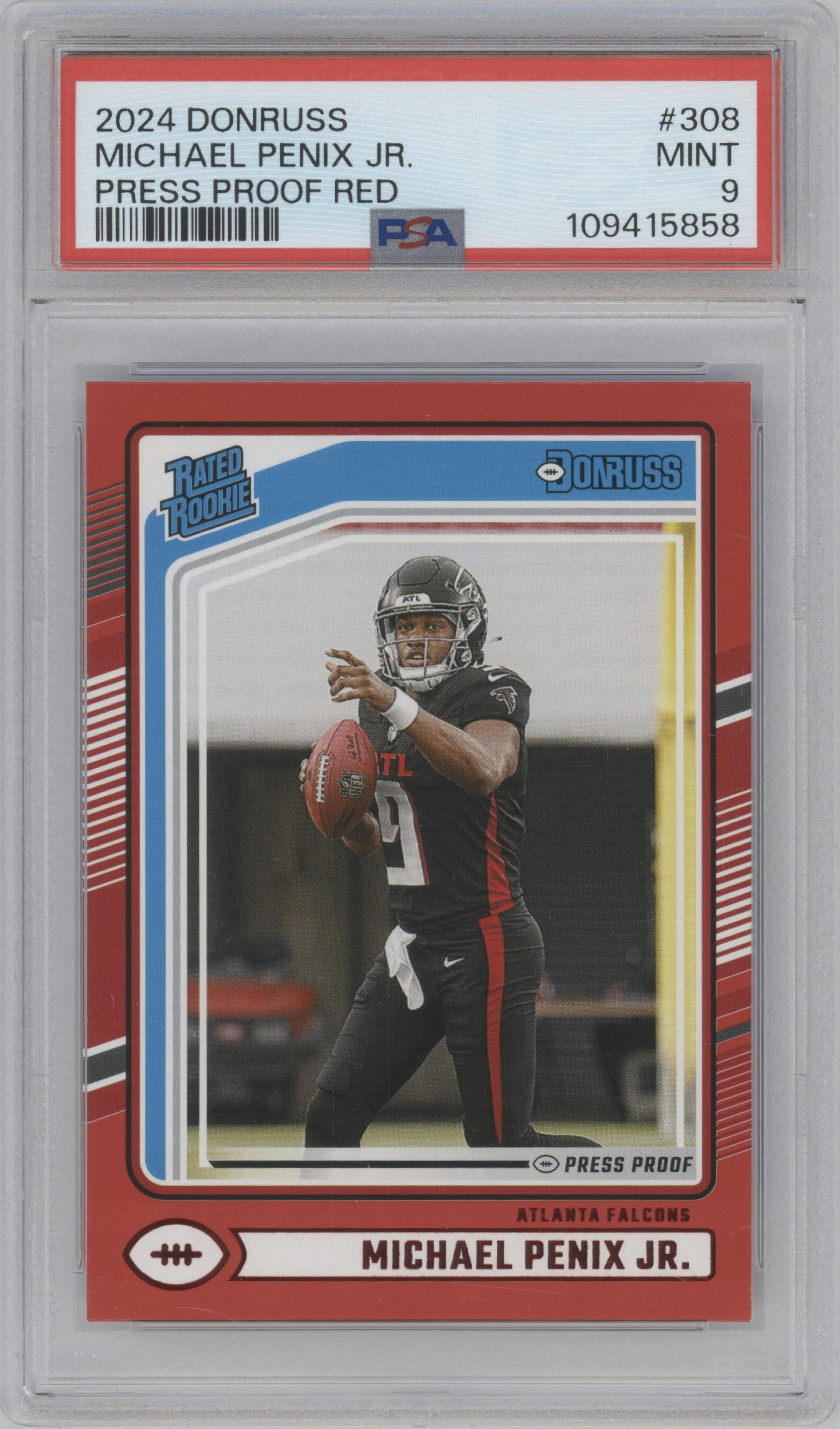 Michael Penix Jr. from the 2024 Donruss set featuring a Press Proof Red parallel graded by PSA and given an overall grade of 9.