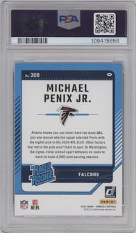 Michael Penix Jr. from the 2024 Donruss set featuring a Press Proof Red parallel graded by PSA and given an overall grade of 9.