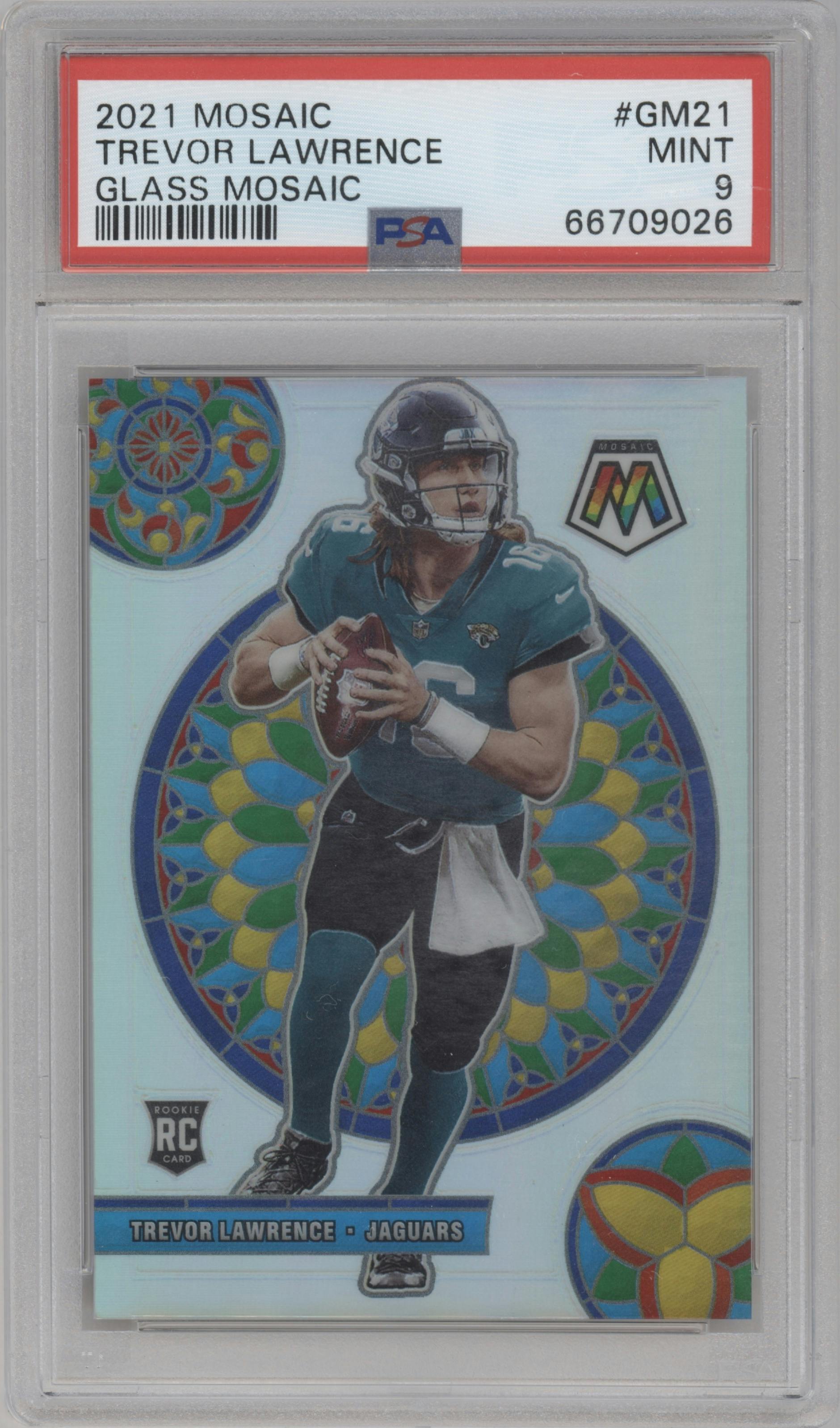 Trevor Lawrence from the 2021 Panini Mosaic set graded by PSA and given an overall grade of 9.