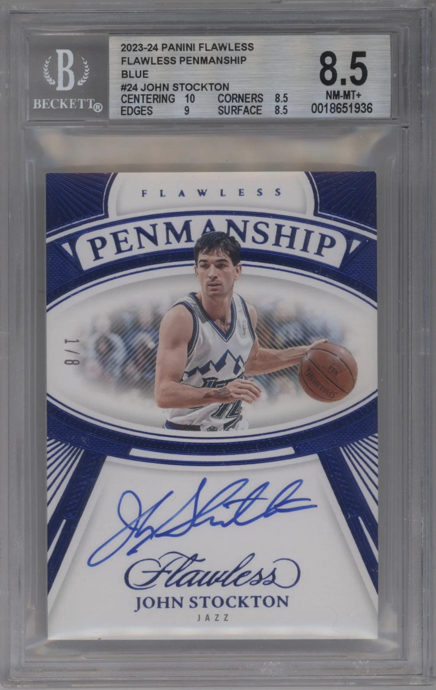 2023 Panini Flawless Flawless Penmanship John Stockton Blue #FPS-JSK BGS 8.5