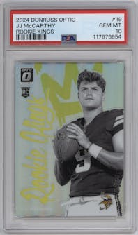 J.J. McCarthy from the 2024 Donruss Optic set graded by PSA and given an overall grade of 10.
