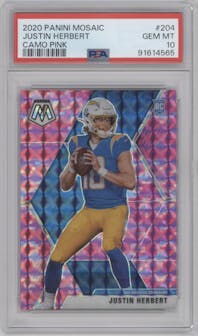 Justin Herbert from the 2020 Panini Mosaic set featuring a Pink Camo parallel graded by PSA and given an overall grade of 10.