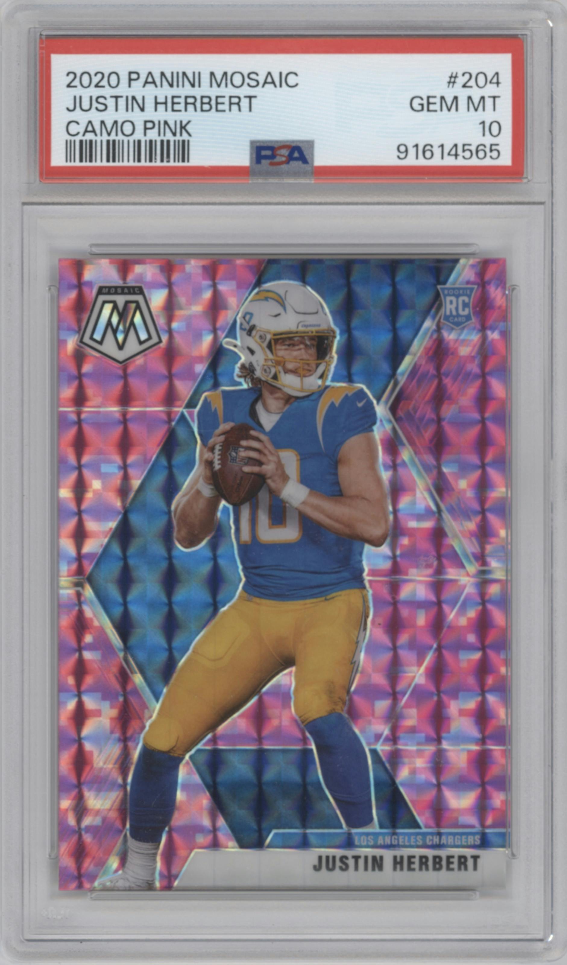 Justin Herbert from the 2020 Panini Mosaic set featuring a Pink Camo parallel graded by PSA and given an overall grade of 10.
