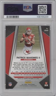 Patrick Mahomes II from the 2017 Panini Prizm set featuring a Prizm parallel graded by PSA and given an overall grade of 9.