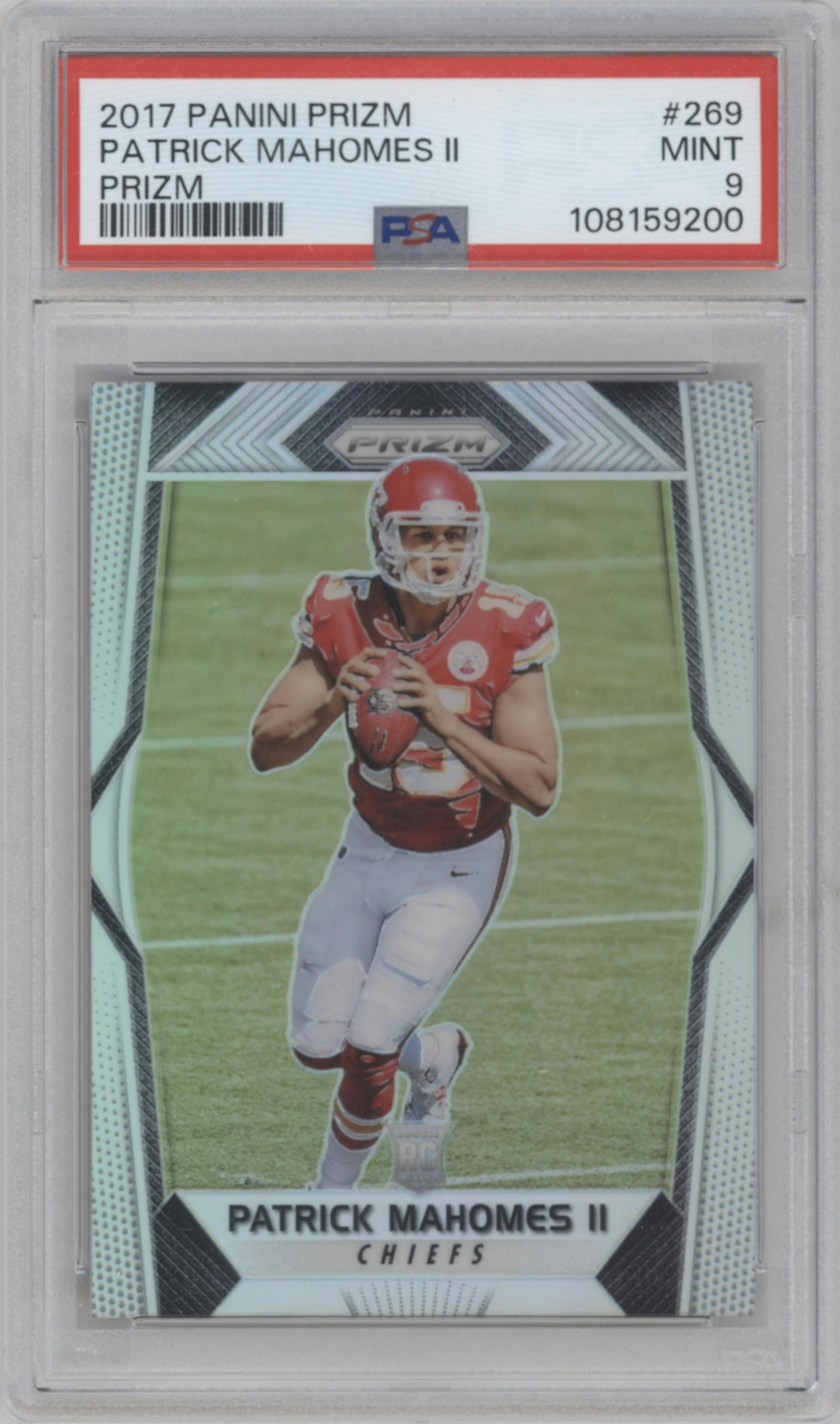 Patrick Mahomes II from the 2017 Panini Prizm set featuring a Prizm parallel graded by PSA and given an overall grade of 9.