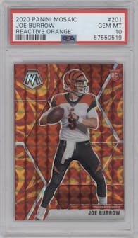 Joe Burrow from the 2020 Panini Mosaic set featuring a Reactive Orange parallel graded by PSA and given an overall grade of 10.