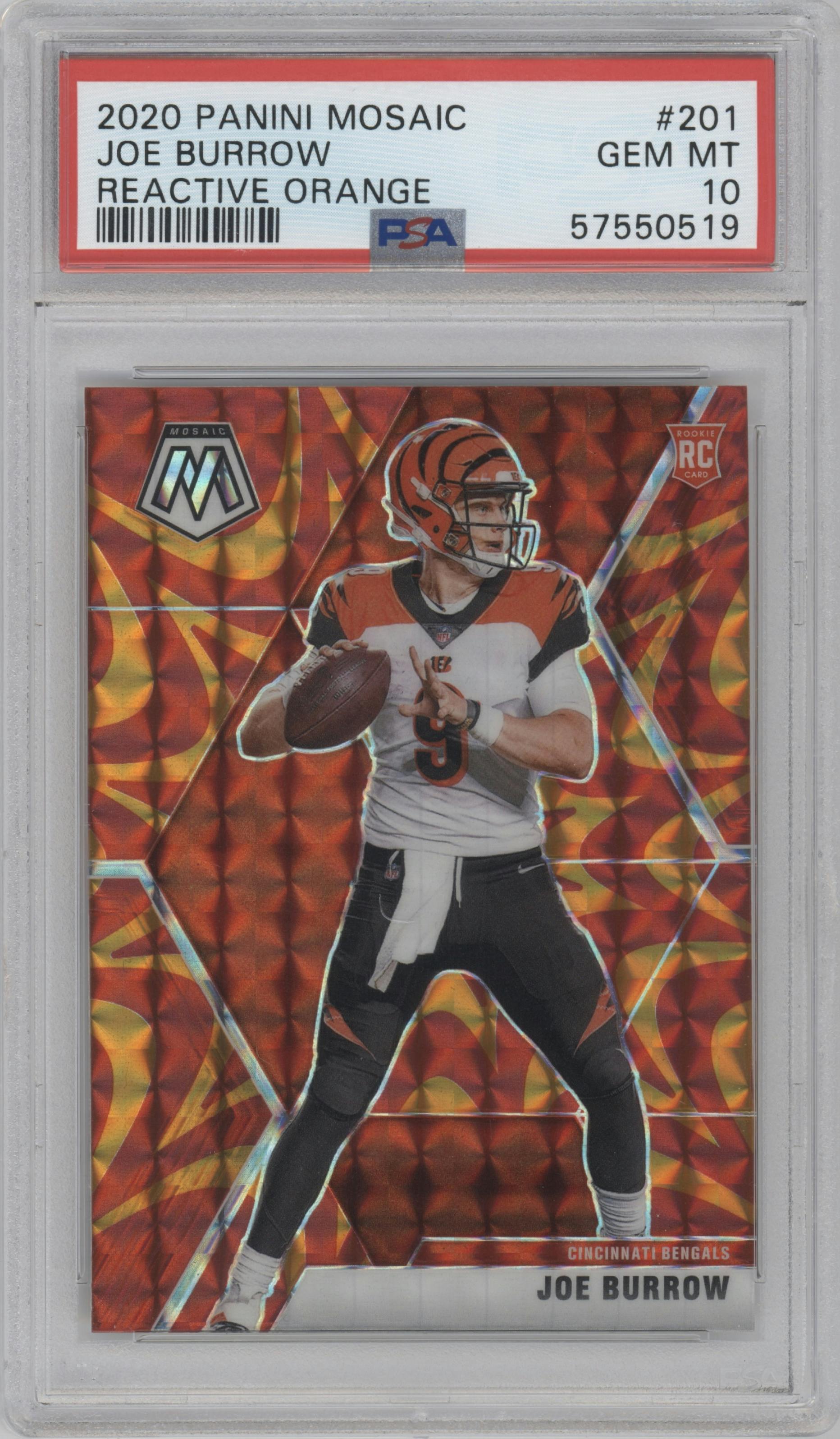 Joe Burrow from the 2020 Panini Mosaic set featuring a Reactive Orange parallel graded by PSA and given an overall grade of 10.