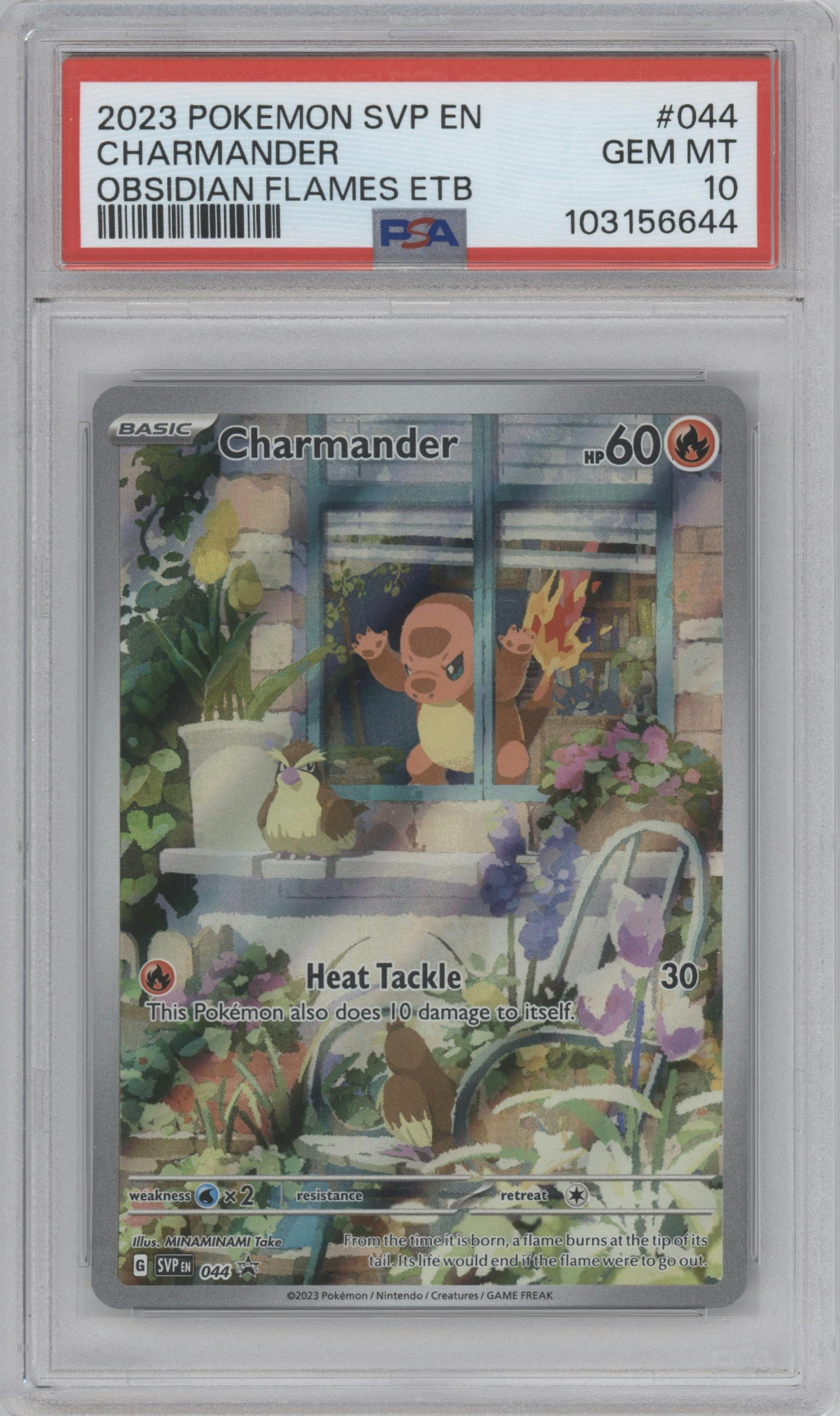 Charmander from the 2023 Pokemon SV set featuring a Obsidian Flames ETB parallel graded by PSA and given an overall grade of 10.
